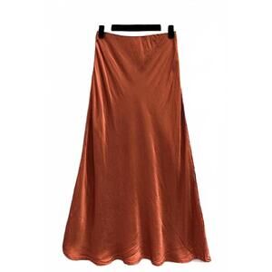 NEW LOOWIE women's italian viscose satin bias-cut midi skirt in rust